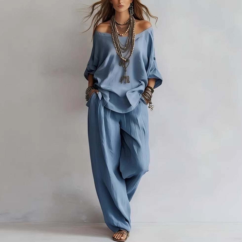 Off-shouder Suits Fashion Three-quarter Sleeves Top And Loose Pockets Wide-Leg Pants Set Women's Clothing